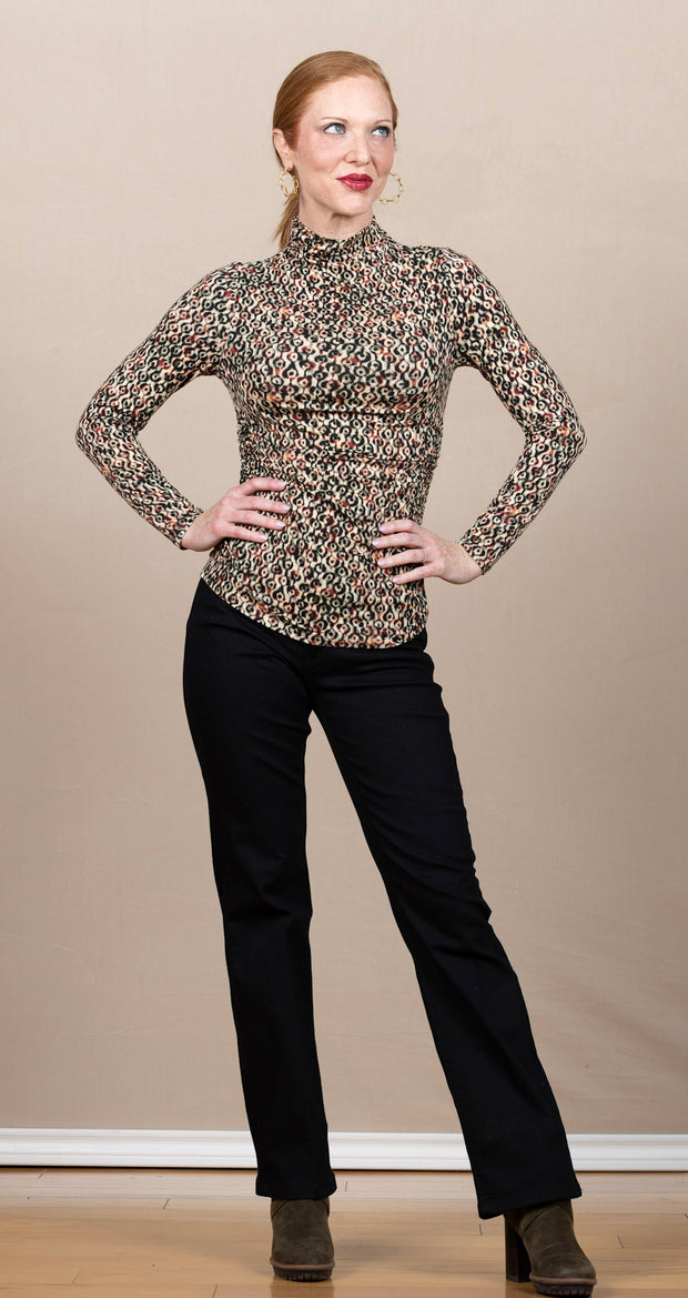 Long Sleeve Pleated Mock Neck Knit Top Multi Geo