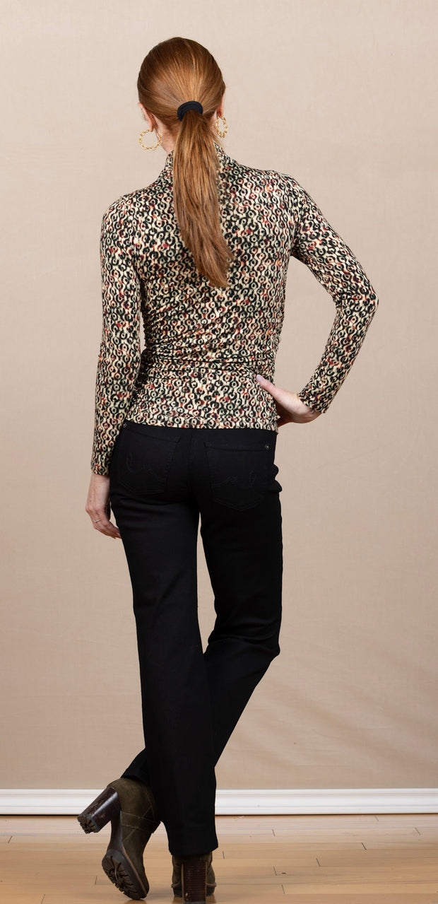 Long Sleeve Pleated Mock Neck Knit Top Multi Geo