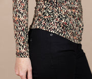 Long Sleeve Pleated Mock Neck Knit Top Multi Geo