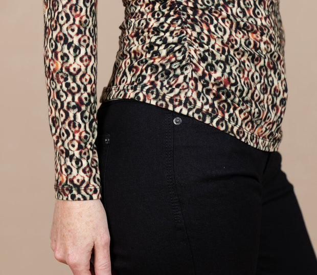 Long Sleeve Pleated Mock Neck Knit Top Multi Geo