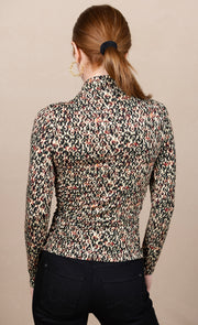 Long Sleeve Pleated Mock Neck Knit Top Multi Geo