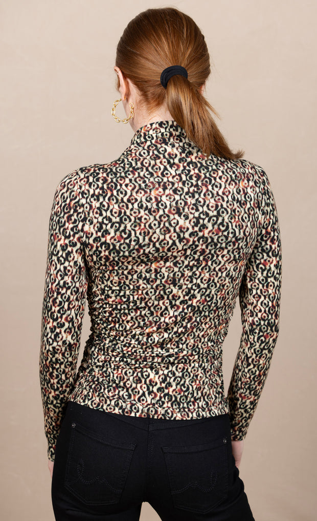 Long Sleeve Pleated Mock Neck Knit Top Multi Geo