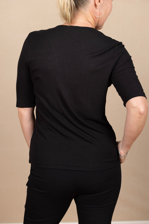 Double Layer V Neck 1/2 Sleeve Rib Knit Top Black