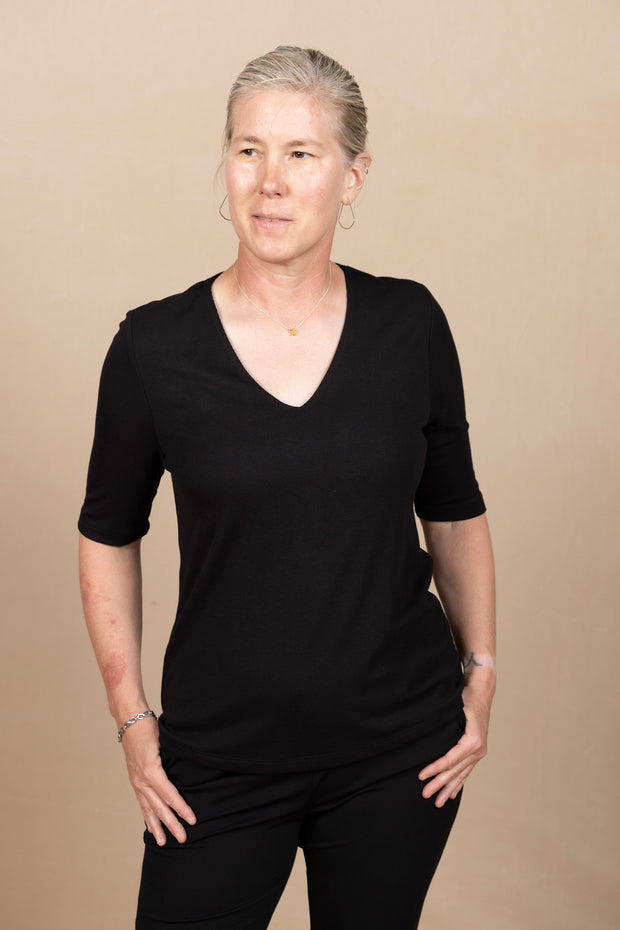 Double Layer V Neck 1/2 Sleeve Rib Knit Top Black