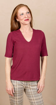 Double Layer V Neck 1/2 Sleeve Rib Knit Top Cherry