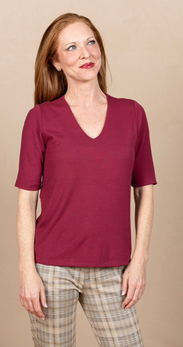 Double Layer V Neck 1/2 Sleeve Rib Knit Top Cherry