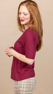 Double Layer V Neck 1/2 Sleeve Rib Knit Top Cherry