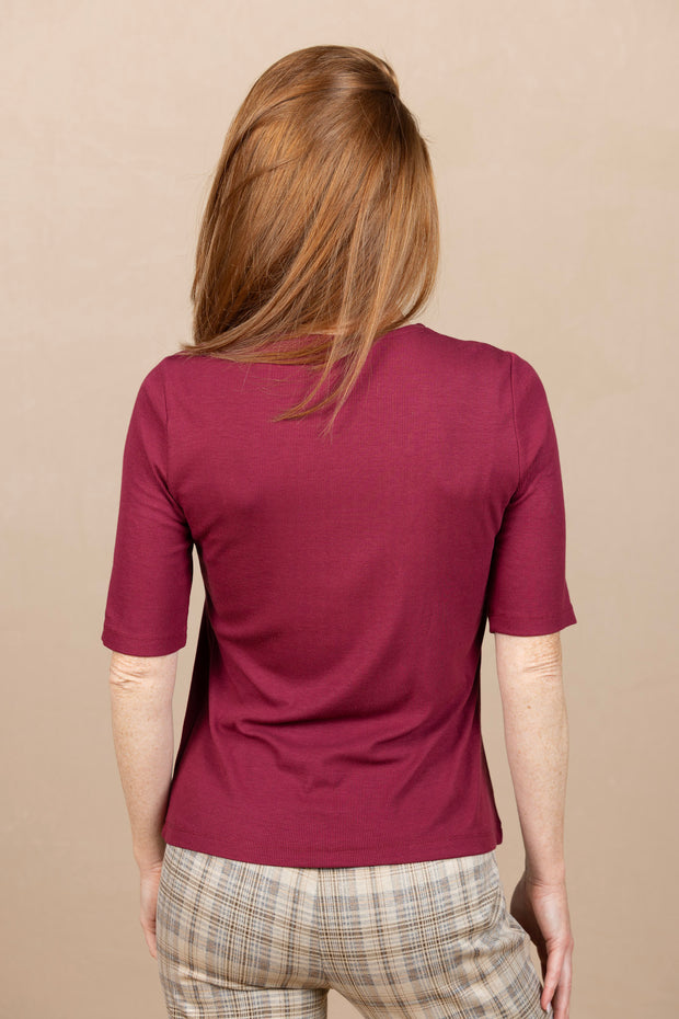 Double Layer V Neck 1/2 Sleeve Rib Knit Top Cherry