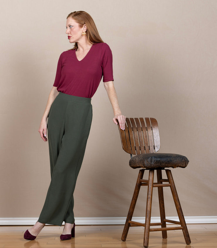 Double Layer V Neck 1/2 Sleeve Rib Knit Top Cherry