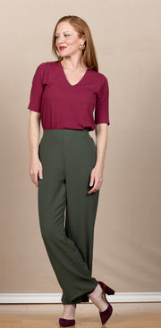 Double Layer V Neck 1/2 Sleeve Rib Knit Top Cherry