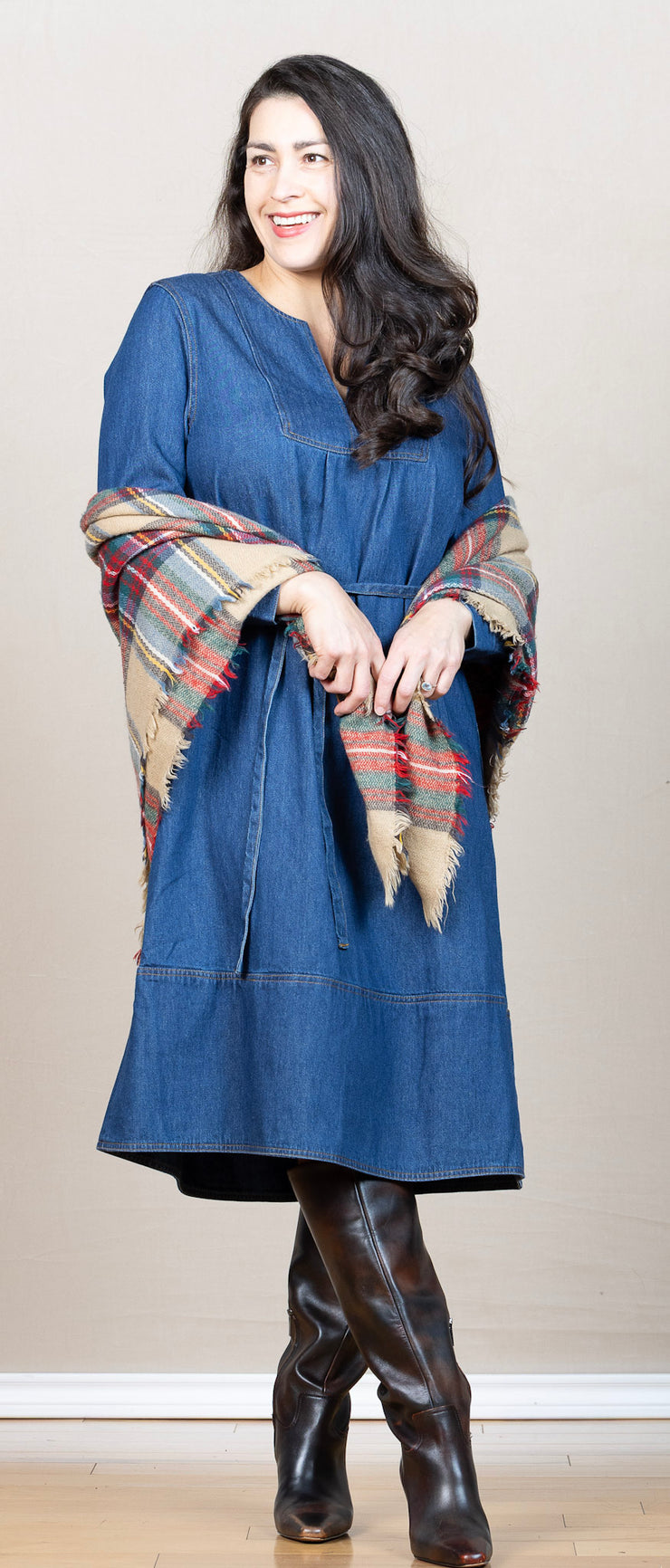Denim A-line dress, long sleeve, belt option 