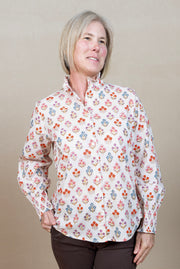 cotton button down with block print and smocked sleeves