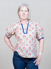 cotton pullover top with sleeve detail and lace trim