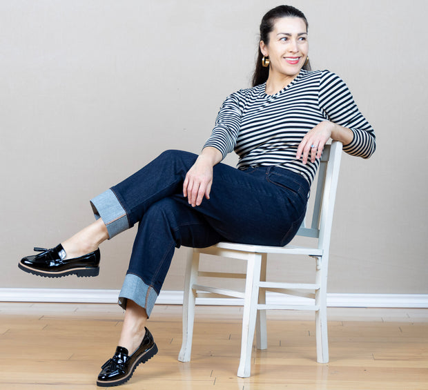relaxed fit jean, dark wash jean, wide cuff
