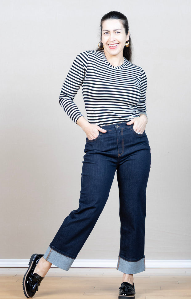 relaxed fit jean, dark wash jean, wide cuff
