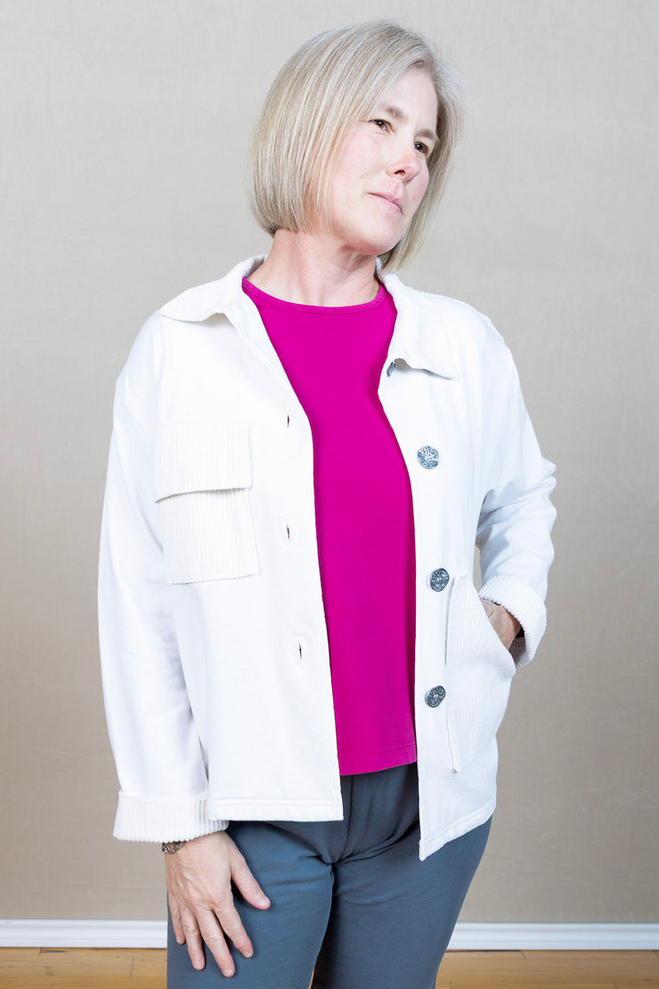 boxy jacket, two pocket, button front