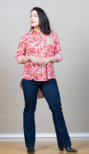 Long sleeve button down top with red  bird and floral print and patch details