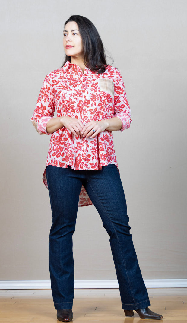 Long sleeve button down top with red  bird and floral print and patch details