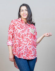 Long sleeve button down top with red  bird and floral print and patch details