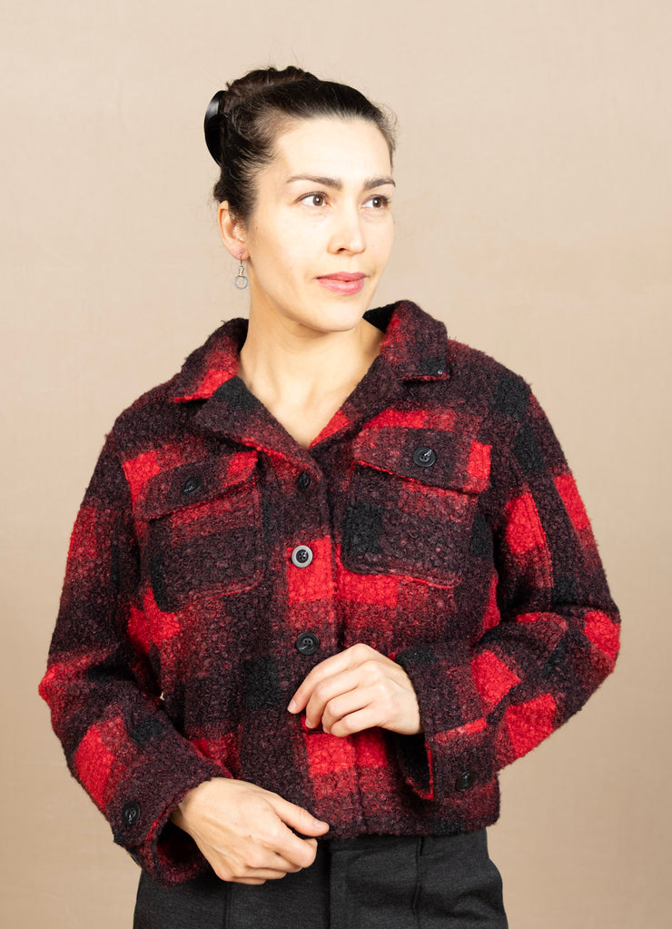 Button Front Boxy Shacket Red/Black,  Flap Pockets