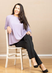 Purple round neck, boxy sweater with long, ribbed sleeves 