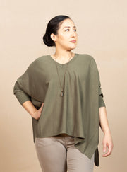 green boxy v-neck sweater with 3/4 sleeves and side vents