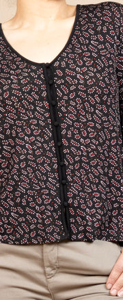 Long Sleeve Button Front Knit Top Black/Red Ditsy