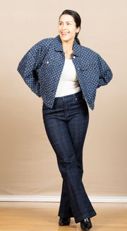 high rise jean with plaid wash
