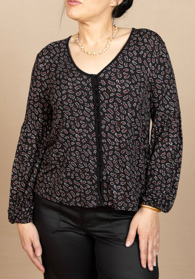 Long Sleeve Button Front Knit Top Black/Red Ditsy