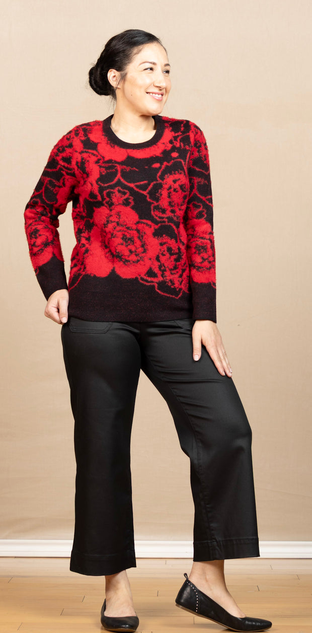 Long Sleeve Crew Neck Sweater Black/Red Floral