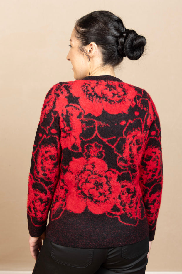 Long Sleeve Crew Neck Sweater Black/Red Floral