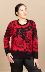 Long Sleeve Crew Neck Sweater Black/Red Floral