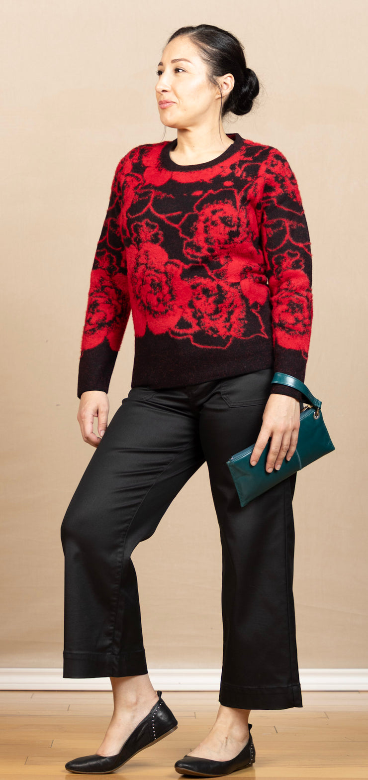 Long Sleeve Crew Neck Sweater Black/Red Floral