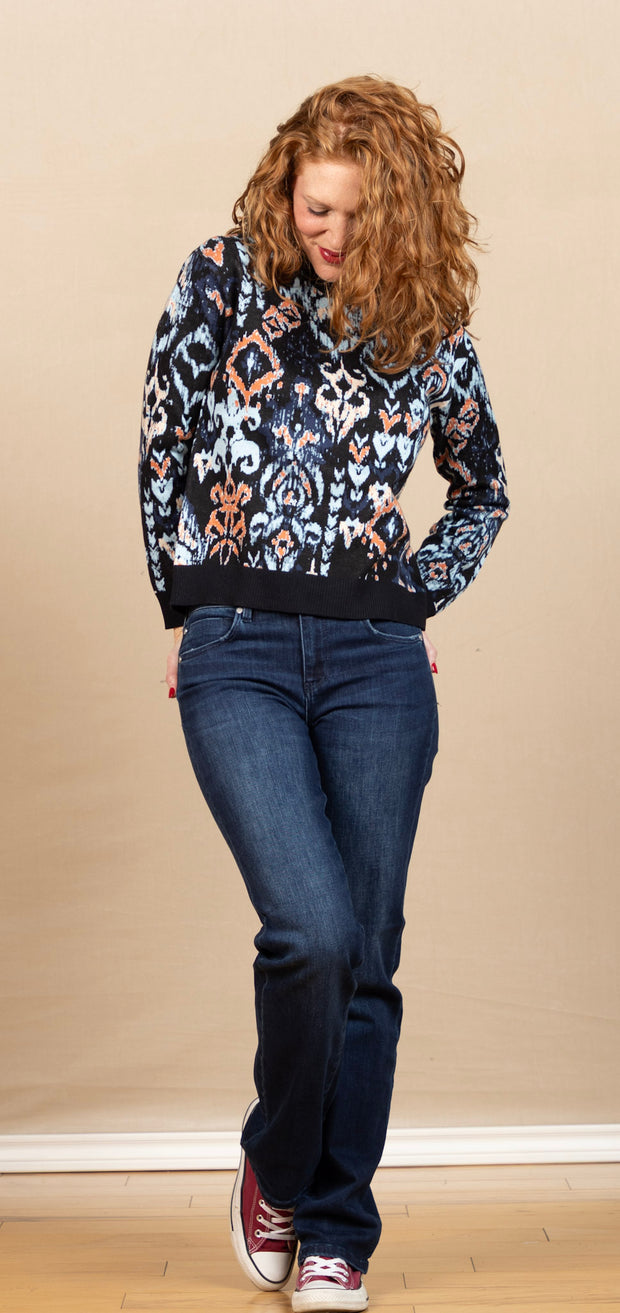Long Sleeve Crew Neck Dropped Shoulder Sweater Blue Multi