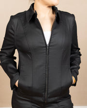 90's Zip Front Jacket Black Coated, Zip Cuffs