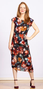 Boat Neck Cap Sleeve Midi Dress Blurred Floral Print, Elastic cinched waist