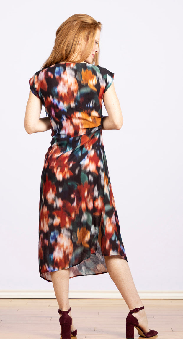 Boat Neck Cap Sleeve Midi Dress Blurred Floral Print