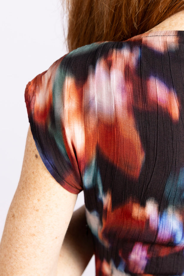 Boat Neck Cap Sleeve Midi Dress Blurred Floral Print