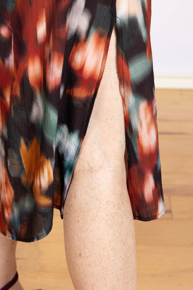 Boat Neck Cap Sleeve Midi Dress Blurred Floral Print