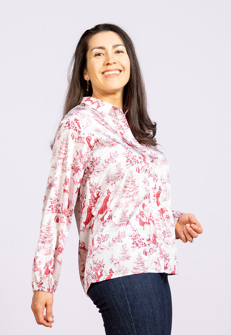 red and white Santa toile button down blouse