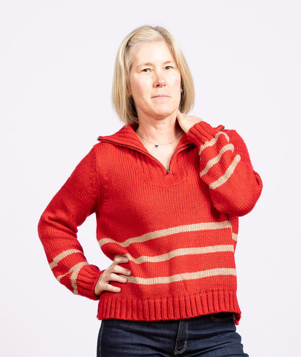 Striped Zip Top Red Ginger/ Latte sweater with zip-up collar, along with ribbed cuffs and hem
