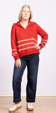 Striped Zip Top Red Ginger/ Latte sweater with zip-up collar, along with ribbed cuffs and hem