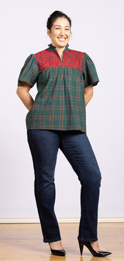 green and red plaid shirt with red embroidery