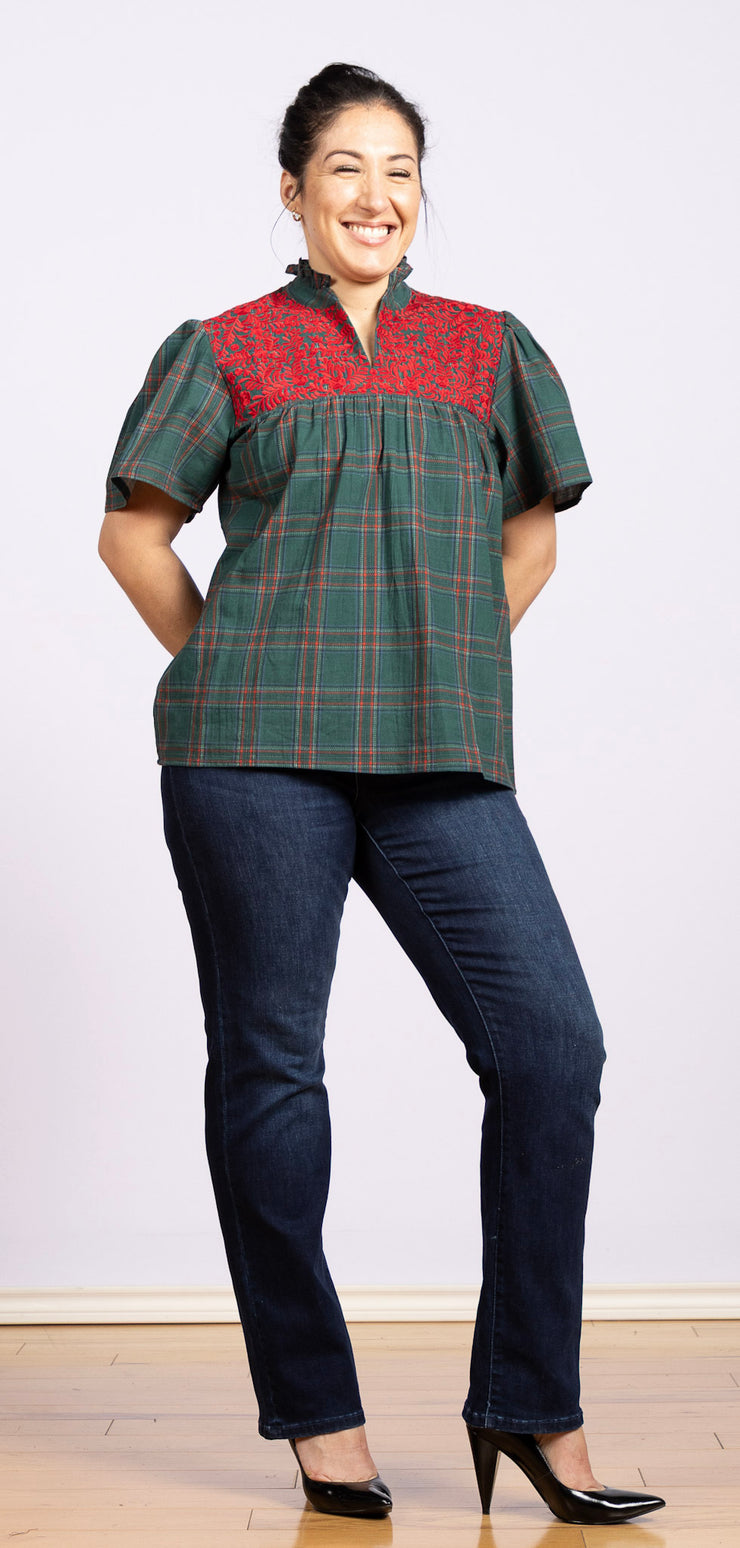 green and red plaid shirt with red embroidery