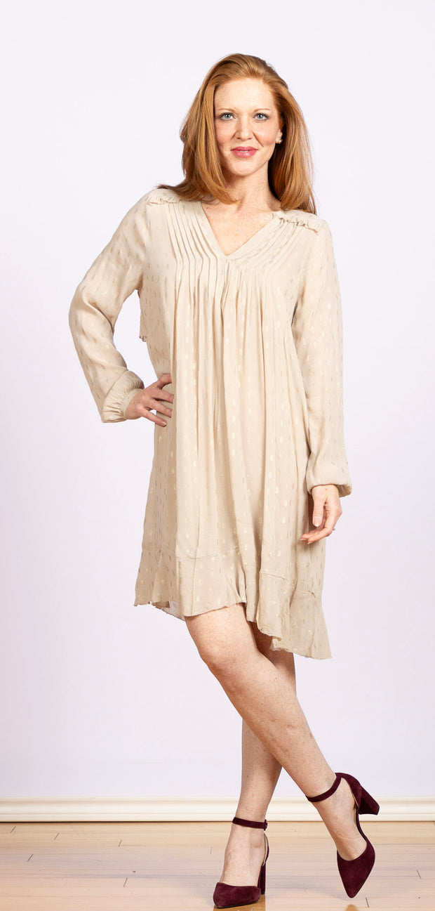 Nolindria Oxford Tan, A-shape cut and delicate ruffled details at the shoulders, back, and hemline