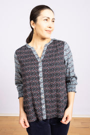 May Mixed Print Top Blue Multi Notch Neck, Long Sleeve