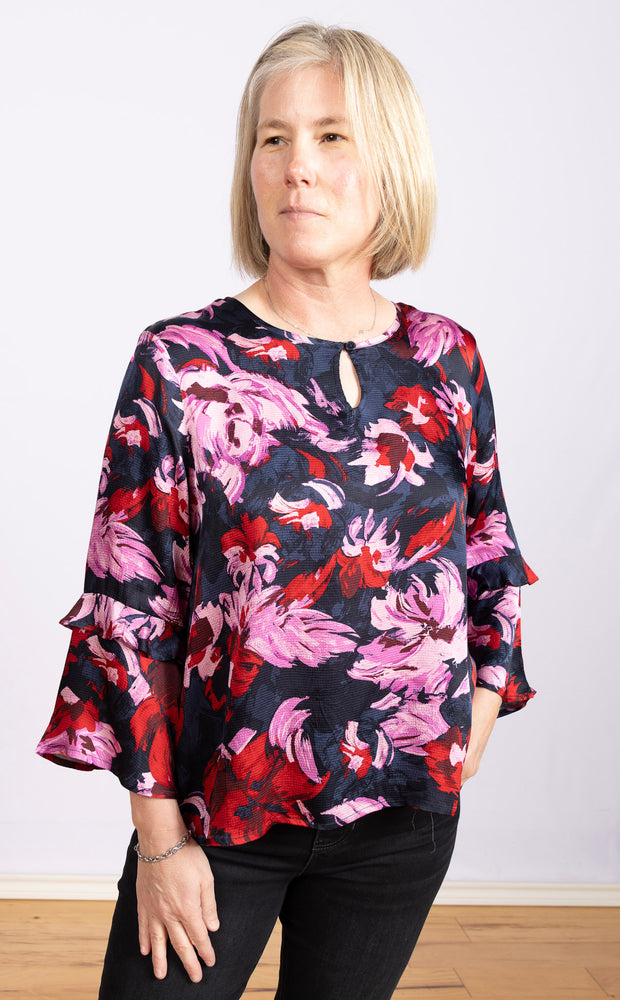 Bimelda Scarlet Sage, Long Hem, Ribbed Sleeves