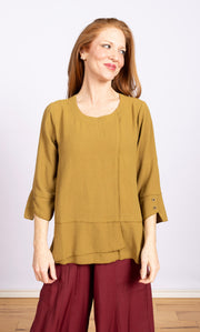 pullover top with front seaming and  button sleeve details in tobacco