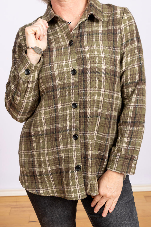Flannel Button Down Olive, Long Sleeve