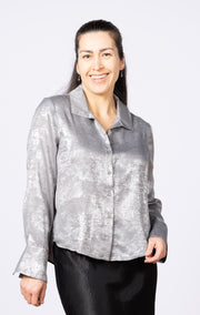 Flowy Wide Collar Button Down Silver Distress